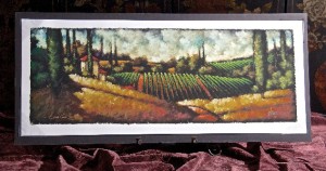 Painting of rolling hills covered in grapevines