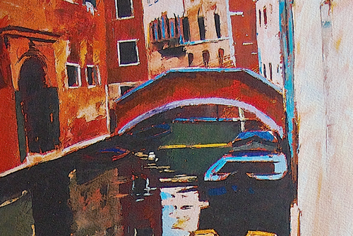 Image of painting of boats on a city canal by Jeremy Sanders