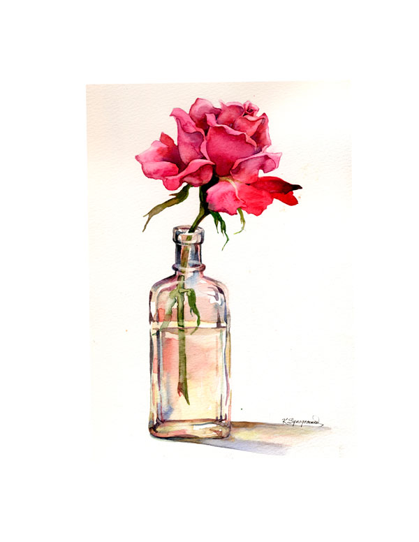 Watercolor painting of single rose in old bottle.