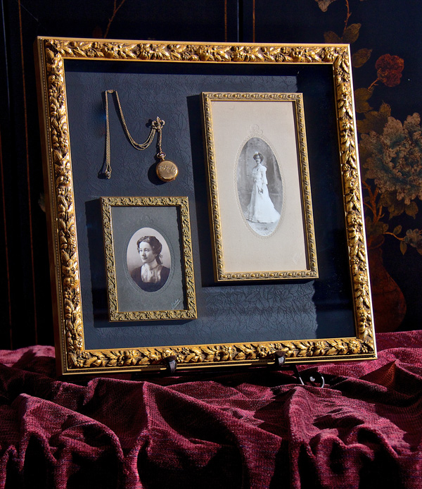 Framed heirloom pictures and pocketwatch