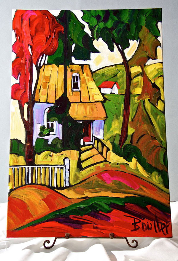 Bright colored painting of hut in a rural village.