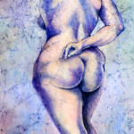 Watercolor of back of voluptuous nude woman in shades of blues and peach