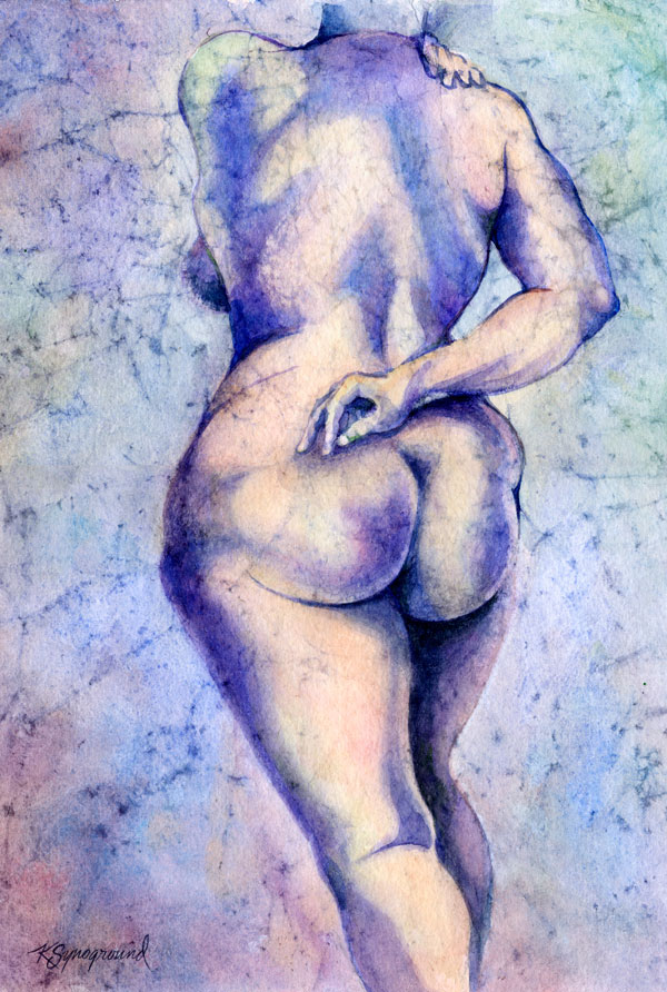 Watercolor of back of voluptuous nude woman in shades of blues and peach