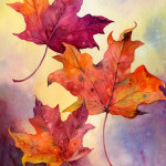 Watercolor of orange and scarlet autumn leaves drifting in front of a blue and gold background