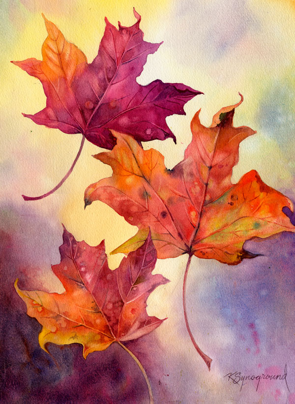 Watercolor of orange and scarlet autumn leaves drifting in front of a blue and gold background