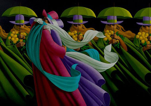 In foreground, a couple in long, flowing colorful coats and hats embrace. Behind them is a line of identical women in lime green coats, hats, and umbrellas--each is holding a bouquet of yellow flowers.