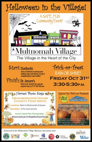 Poster for Halloween celebration in Multnomah Village.