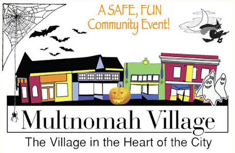 Illustration of Multomah Village shops surrounded by bats, jack-o-lanterns, and a witch flying overhead.