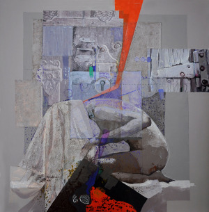 Mixed media image of nude woman kneeling and leaning forward, a cloth covers her entire head.