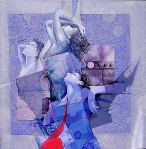 Mixed media painting of men and women writhing in agony.