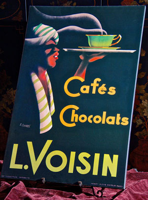 Color poster of arab man serving steaming cup of choclate