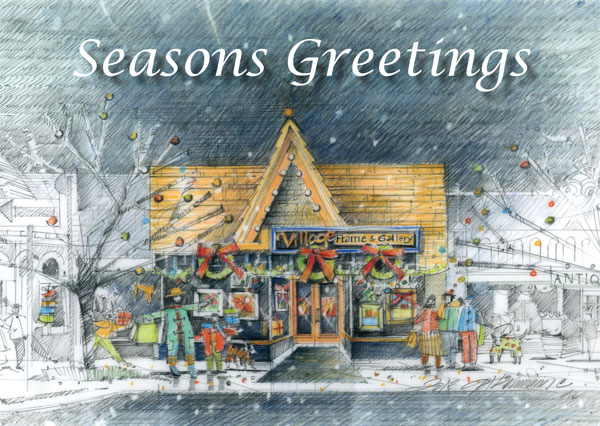 Drawing of Village Frame & Gallery custom picture frame shop and art gallery during Christmas shopping season.