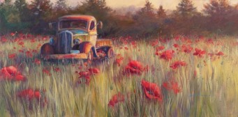 Painting of old truck in the middle of a field of poppies