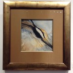 Close up of heron in watercolor with gold matte and frame
