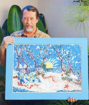Picture of Kimm Byers holding one of his paintings