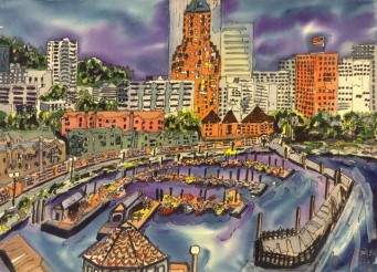Watercolor painting of Willamette River and surrounding Portland area
