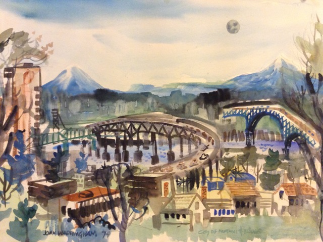 Water color of downtown Portland, Oregon, overlooking the bridges that span the Willamette River with Mt. Hood and Mt. Saint Helens in the background