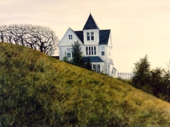 Watercolor painting of historic home on a hill