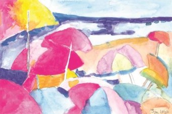 Paintings of umbrellas on beach in pastel colors