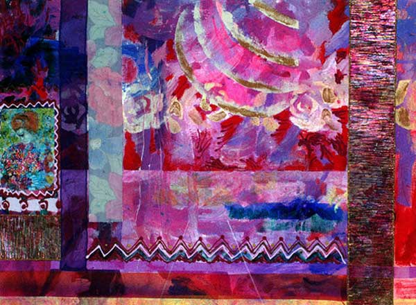 Abstract collage in pinks and purples with lots of swirling designs