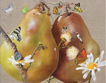 Realistic painting of pears surrounded by butterflies and bees