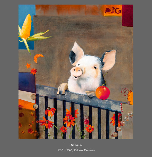 Painting of sweet little pig with his front hooves up on a fence surrounded by poppies