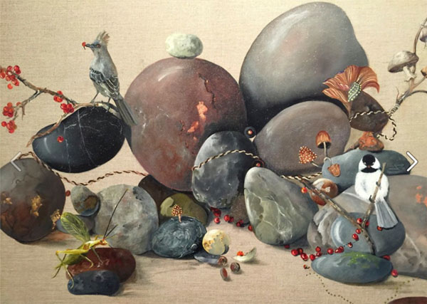 Painting of rocks interspersed with twigs, birds, insects, and flowers