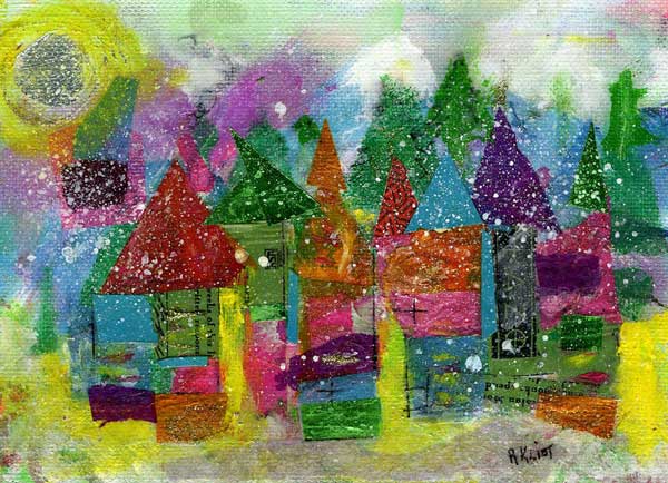 Mixed media painting of colorful, snowy village