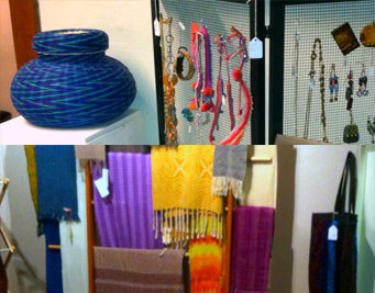 Collage of art for sale at MAC this weekend including bright blue basket, textile arts, and handcrafted jewelry