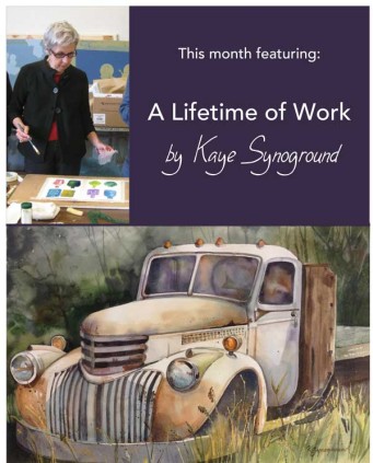 Poster with a picture of Kaye painting and one of her watercolor of a classic truck rusting in the grass.