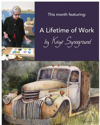 Poster with a picture of Kaye painting and one of her watercolor of a classic truck rusting in the grass. 