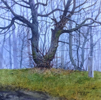 Watercolor painting of leafless tree, surrounded by other trees. The sky is intensely blue and and the grass is green, but the trees are stark and gray.