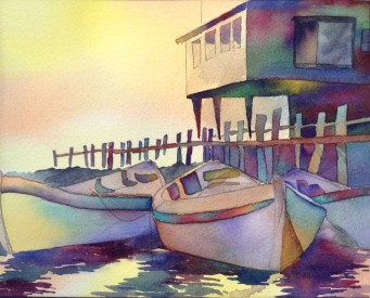 Watercolor painting of boats next to a dock. A building on high stilts is above the dock. The light looks like dawn and is casting a rainbow of colors across the entire scene.