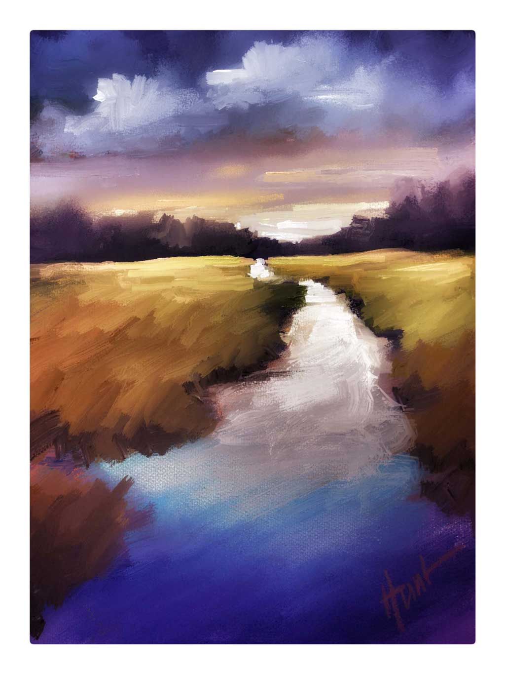 Digital painting of a river that looks white and icy then flows to deep blue at the bottom of the painting. The grass surrounding the river is browning, as if it is Autumn. In the distance is a dark line of trees and the sky above is deeply colored as if the sun will set soon.