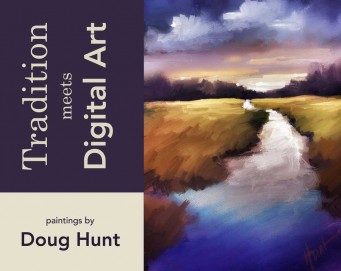 Postcard that says "Tradition Meets Digital Art, Paintings by Doug Hunt. One one side there is a digital painting of a river that looks white and icy then flows to deep blue at the bottom of the painting. The grass surrounding the river is browning, as if it is Autumn. In the distance is a dark line of trees and the sky above is deeply colored as if the sun will set soon.