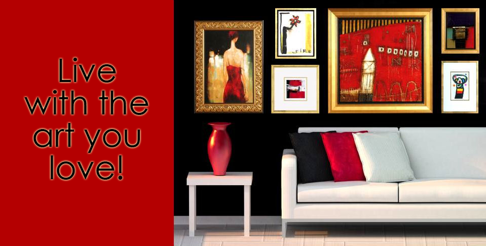 Postcard that says, "Live with the Art you Love." To the right of that is a picture of a room with black walls, sleek white modern furniture and a gallery of artwork in reds, whites, and blacks