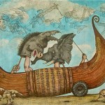 Drawing of antique style of boat. Inside, the puppet heads of a donkey and an elephant seem to be arguing.