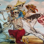 Colorful drawing of four skeletons on a horse, they are wearing elaborate hats and pants.