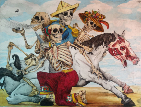 Colorful drawing of four skeletons on a horse, they are wearing elaborate hats and pants.