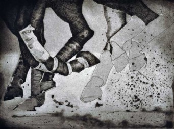 Close up of hooves of race horses flinging dirt as they run.