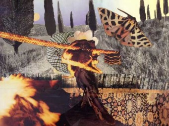 Collage with dark figure of woman in front of gray landscape, a bright column of color is piercing her horizontally and a butterfly is flying away from the woman.