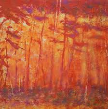 Abstract with shapes similar to tall, slender trees in yellows, oranges, and reds