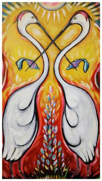 Brightly colored painting of two herons facing each other.