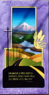 The third panel shows the role water plays in industry and agriculture. From the mountains, across the farmlands, and toward the city, the river sustains the people of Oregon.