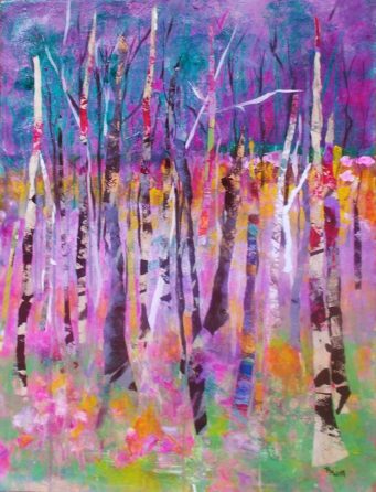 Mixed media image of brightly colored, stylized tree trunks.