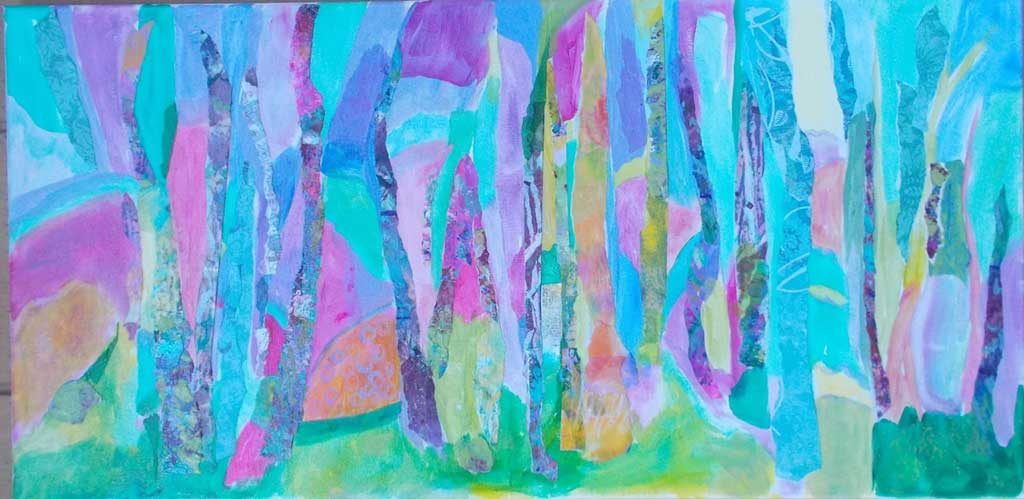 Mixed media image of brightly colored, stylized tree trunks.