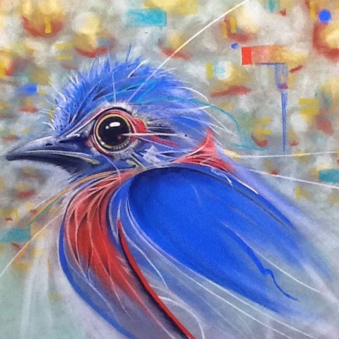 Pastel of colorful blue bird.