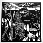 Black and white linoleum block print of duck among reeds