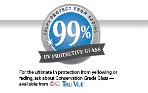 Seal that says: Helps protect from fading, 99% UV protective glass. For the ultimate in protection from yellowing or fading, ask about Conservation Grade Glass available from Tru Vue.