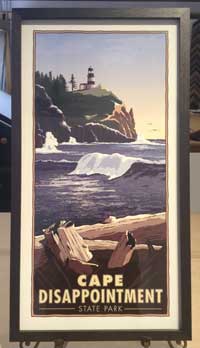 Framed travel poster of Cape Disappointment lighthouse